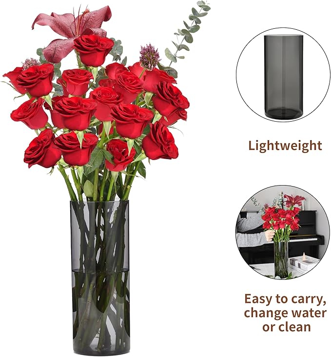 Flower Vase, Non-breakable Vases, 5" W x 10" H, Acrylic Grey Vase, Aesthetic Room Decor Cylindrical Modern Flower Vases for Table Centerpiece, Home Decor, Women Floral Arrangement Gift