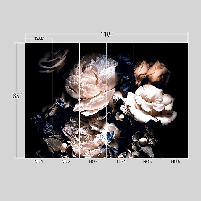 Black Peony Floral Wallpaper Peel and Stick Wall Mural for Bedroom Living Room - 85"x118"