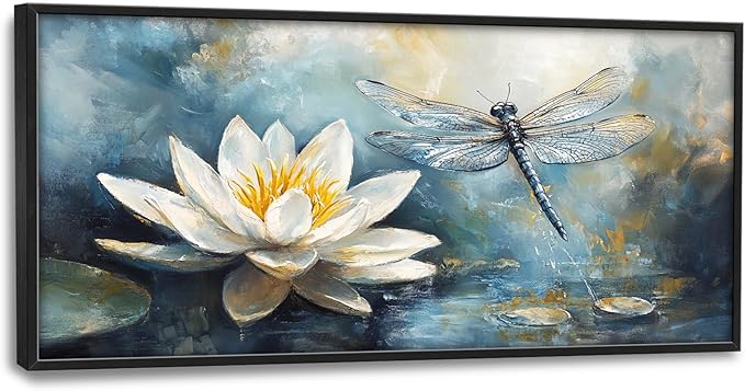 Extra Large Lotus Dragonfly Framed Wall Art for Living Room,Abstract Blue Lotus Flower Lake Pictures Wall Decor,Nature Canvas Print Painting Modern Artwork Bedroom Office Bathroom 60L x 30W