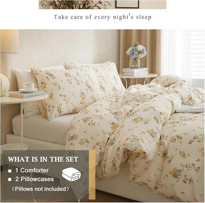 VM VOUGEMARKET Yellow Flower Comforter Set Twin XL 3 Pcs Farmhouse Floral Botanical Pattern Bedding Comforter Set,All Season Soft & Lightweight Comforter for Girls Women 68"x90"