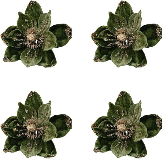 Set of 4 Gold Glitter Christmas Floral Decorations with Soft Flannelette, 15x26cm Artificial Flowers for Holiday Tree Ornaments, Wreaths, and Festive Tabletop Arrangements