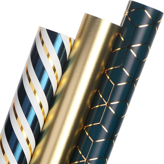 Ribbli Teal Gold Father’s Day Wrapping Paper Mini Roll, 3 Rolls Birthday Gift Wrap for Men Boy Friend Wedding - 17 inch x 120 inch(10feet) Per Roll