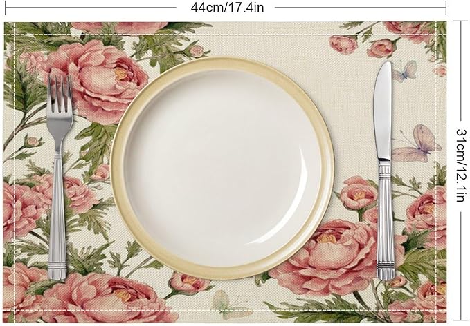 Pink Flowers Placemats Set of 4, 17x12 Inch Rustic Farmhouse Romantic Spring Floral Blossom Butterfly Table Mats for Home Party Kitchen Dining Decor