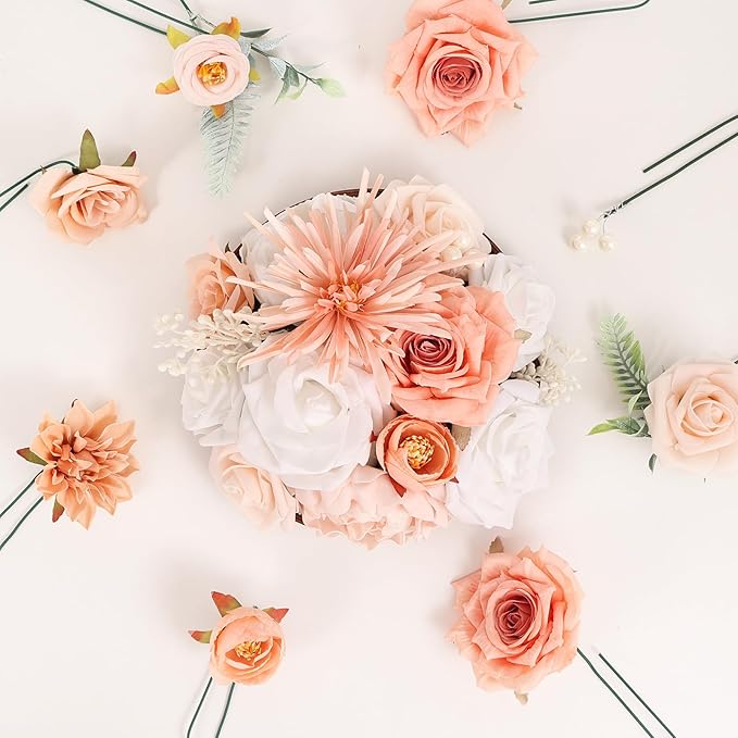 Artificial Flowers Combo Box Set Artificial Bouquets Wedding Flowers for Centerpieces Faux Flowers with Stems Peach Roses Artificial Flowers for Decor
