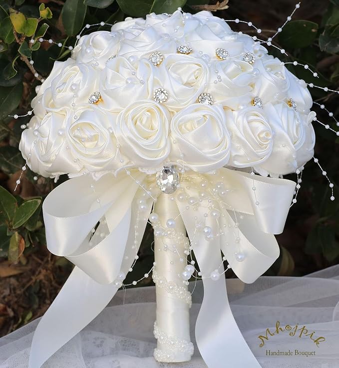 Bridal Wedding Bouquet Round Bling Brooch Bouquet Throw Toss Artificial Rose Flower Bunch for Bride Bridesmaid Wedding Quinceanera(Ivory, 7.5")