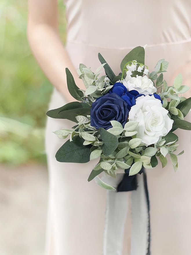 Rinlong Navy Blue Bridesmaids Bridal Bouquet Artificial Wedding Bouquets for Bride Bridesmaid Silk Bouquet for Wedding Prom Homecoming 7.5 Inches