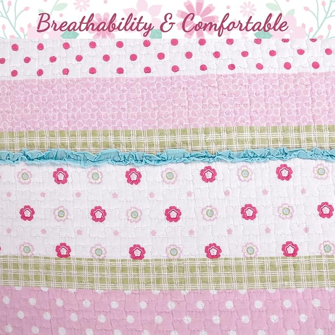 Cozy Line Home Fashions Pink Ruffle Flowers Polka Dot Girl 100% Cotton Reversible Quilt Bedding Set, Coverlet, Bedspread for All Seasons (Twin - 2 Piece)