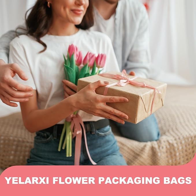 YELARXI Clear Flower Wrapping Bags, Transparent Flower Packaging Bag Waterproof Bouquet Sleeves with Letter - Fitting for (Florists/Floral Arrangements Supplies), 13x3.9x19.7 Inch & 50Pcs