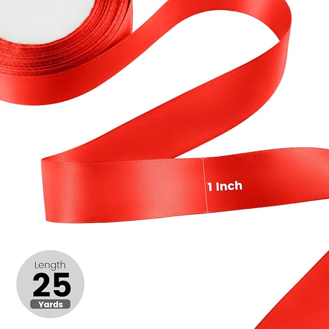 1" x 25 Yards Satin Ribbon, Red Silk Ribbon Ideal for Gift Wrapping, Floral Bouquets, Crafts, Wedding Party Decorations, Christmas and Sewing Projects