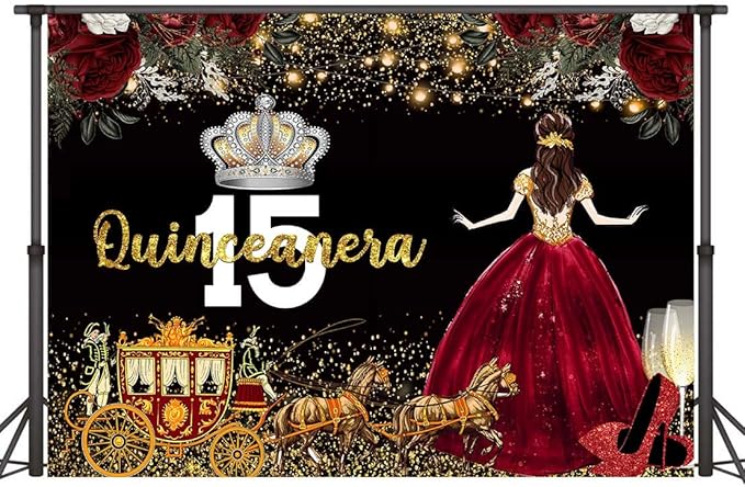 Red Dress Rose Flower Backdrops Quinceanera Birthday Backdrop for Girl Princess Happy 15th Bday Carriage Photography Props Cake Table Banner 5x3ft MBJLSLU33