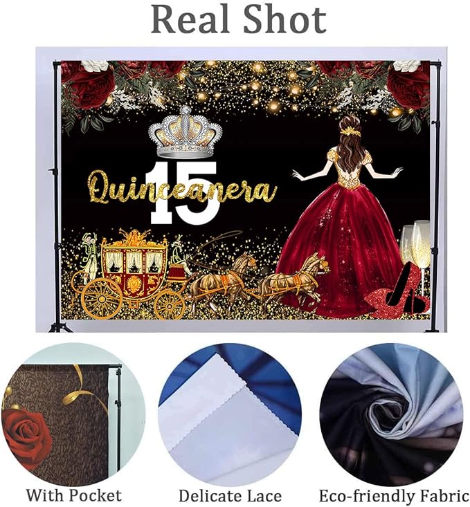 Red Dress Rose Flower Backdrops Quinceanera Birthday Backdrop for Girl Princess Happy 15th Bday Carriage Photography Props Cake Table Banner 7x5ft MBJLSLU37