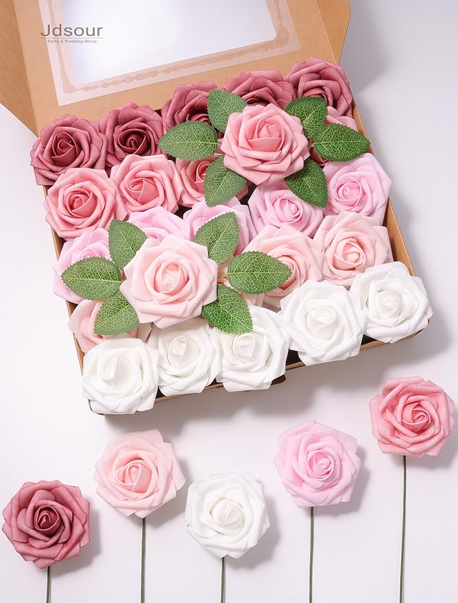 25pcs Artificial Flower，Real Looking Foam Roses w/Stem for DIY Wedding Bouquets Centerpieces Bridal Shower Party Decor-Shades of Dusty Pink