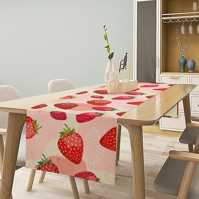 Strawberry Table Runner, Spring Summer Fruit Birthday Party Decoration Dining Room Home Kitchen Table Decor 13 x 90In