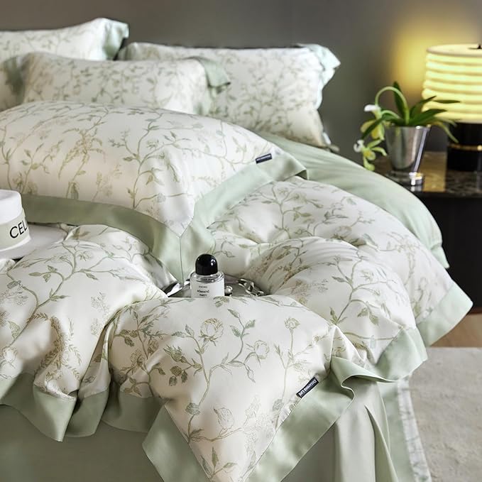 VM VOUGEMARKET Green Flower Duvet Cover Twin Cooling Lyocell Comfoter Cover Set for Hot Sleeper,Moisture Wicking Silky Bedding Set-Mint Green