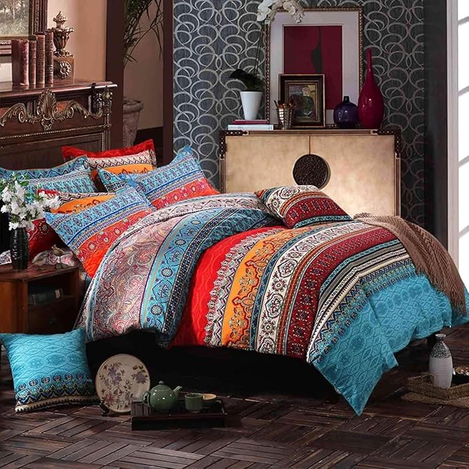 Bohemian Full Comforter Set - Soft Chic 3 Pieces Bedding, Lightweight Exotic Red Teal Mandala Colorful Vintage Bed Set for All Seasons (Full, Boho)