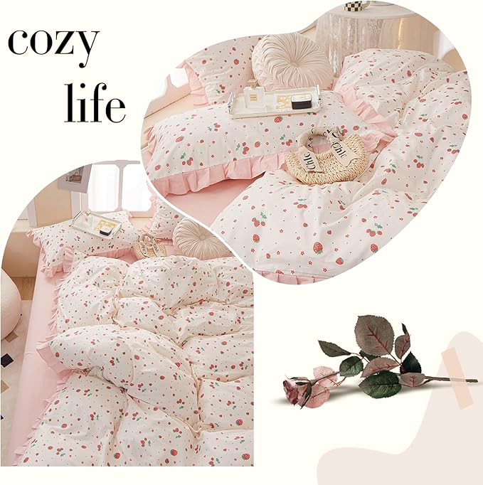 Strawberry Print Comforter Set Pink White Ruffled Bedding Comforter Full Size Soft Fluffy Floral Bedding Set Kawaii Strawberry Fruit Comforter Set for Kids Girls Lightweight and Cozy for All Seasons