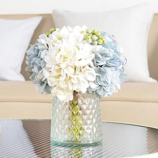 Wracra Hydrangeas Floral Arrangement in Glass Vase, Fake Flowers Silk Hydrangea Artificial Flowers with Vase for Home Office Decoration, Dining Table Centerpiece