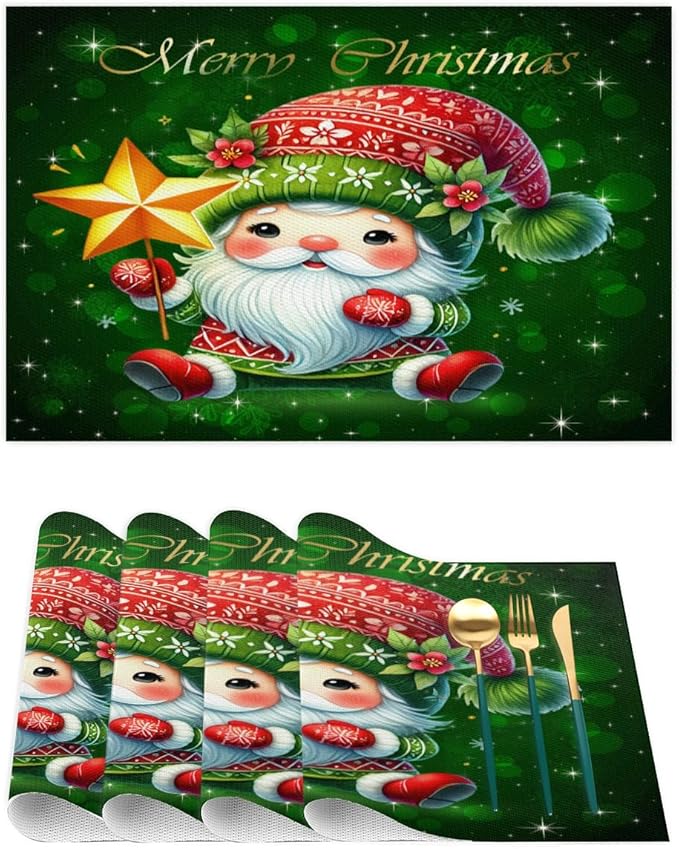 Xmas Christmas Green Santa Claus Placemats Set of 6 PVC Vinyl Non Slip Table Mats Heat Resistant Place Mats Washable Wipeable Dining Table Mat for Kitchen Decor Party Indoor Outdoor Decorative Gift