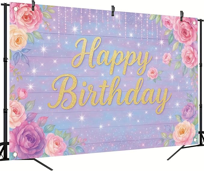 71 x 43 Inch Happy Birthday Backdrop Purple Pink Floral Glitter Rose Birthday Party Decorations Banner for Girls Women Kids Birthday Supplies Photo Booth Wall Backdrop Photography Props