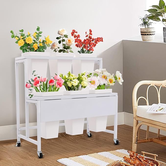 2-Layers Flower Display Stand Metal Flower Display Stand With 6 Pcs Buckets Rolling Plant Stand Flower Cart Moving Florist Bouquet Shelf for Fresh Flower Shop Balcony,Load Capacity 33.07lbs (White)