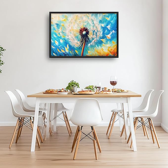 Extra Large Abstract Dandelion Framed Wall Art for Living Room,Oversized Colorful Dandelion Flower Pictures Wall Decor,Blue Canvas Print Painting Modern Artwork Bedroom Office Bathroom 36L x 24W
