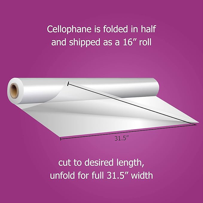 Clear Cellophane Wrap Roll 31.5 Inches Wide x 200 Feet Long - Thick Cellophane for Baskets, Gifts, Flowers & Food - Folded on 16" Roll, Unfolds to 31.5" Wide