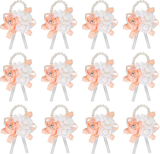 MECCANIXITY 12Pcs Wrist Corsage Artificial Flower Bracelets Rose Wrist Bride Groom Decorative for Wedding Ceremony Prom Party Anniversary Light Orange