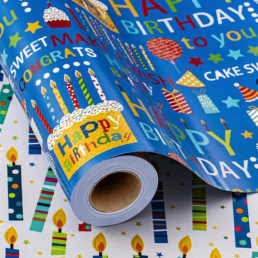 Homeral Blue Birthday Wrapping Paper Roll - 17 Inch x 16.5 Feet, Reversible Happy Birthday Lettering & Colorful Candles Gift wrapping paper for Boy Baby Shower, Party, Holiday