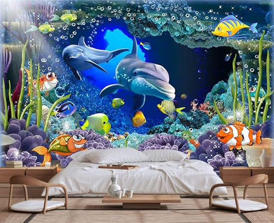 Seabed Flora and Fauna Patterns, Dolphins and sea Fish Free Swimming Wallpaper, Large Art Wall murals (Non-self-Adhesive)