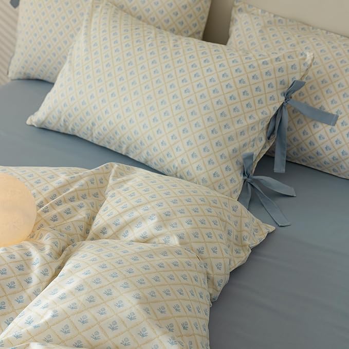 Blue Flower Comforter Set Full Checkered Grid Floral Comforter Set Kids Girls Vintage Country Style Coquette Bedding Comforter Full with 2 Bow Tie Pillowcases Cute Flower Botanical Comforter Set