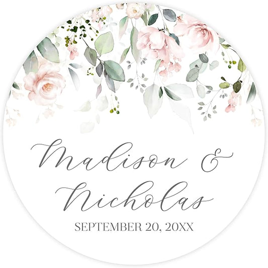 Personalized Floral Wedding Stickers with Your Choice of 30 Flower Styles - Choose Font and One of Five Pre-made Phrases or Add Custom Text (014 - Light Pink Flowers)