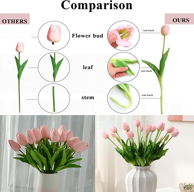Artificial Flowers 20pcs Fake Tulips Real Touch, Faux Latex Tulips Flowers with Gift Box Soft Faux Tulips Bouquets Arrangements for Party Wedding Home Room Decoration(Pink)