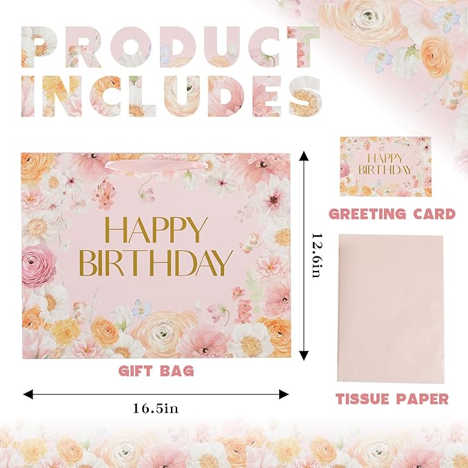16.5” Extra Large Floral Gift Bag, Floral Design Happy Birthday Bag with Handles, Greeting Card, Tissue Papers for Women Girls Wildflower Birthday Party Baby Shower Supplies Decorations.(16.5in)