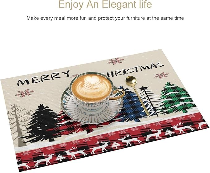 Christmas Placemats Rustic Farmhouse Red Buffalo Plaid Elk Christmas Tree Winter Snowflake Placemats Table Kitchen Dining Party 12x18 Inch Set of 6