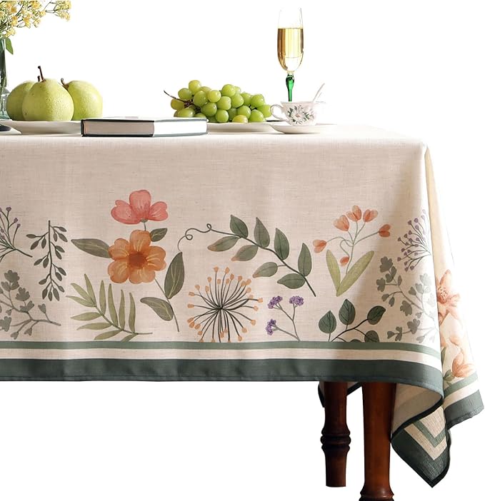 Beige Linen Extra Long Rectangle Tablecloth,Vintage French Shabby Chic Floral Wrinkle Free Table Cloth,Decor Table Cover for Kitchen,Dining,Christmas,Thanksgiving,67"*118"-Manolya