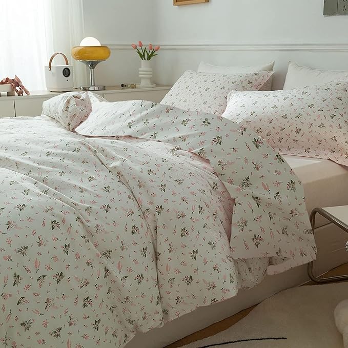 VM VOUGEMARKET Garden Flower Comforter Set Queen 3 Pcs White Pink Floral Bedding Set with 2 Pillowcases Aesthetic Comforter Set for Girls Women 90"x90"