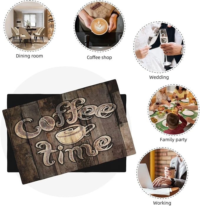 Coffee Place Mats Set of 4,Coffee Time Phrase with A Cup on A Wooden Grunge Background Kitchen Image Placemats for Dining Table 6 PCS, Cafe-1