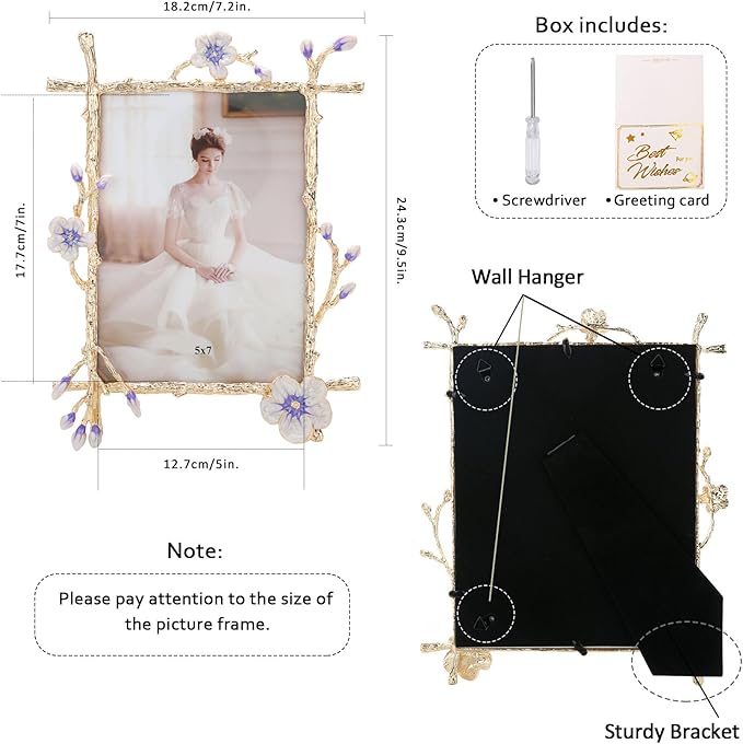 5x7 Purple Floral Picture Frame Vintage Gold Photo Frame with Glass Front, Ornate Antique Tabletop Art Desktop Home Office Decor Gold Metal Frame, Unique Gifts for Women Wedding Mothers Day