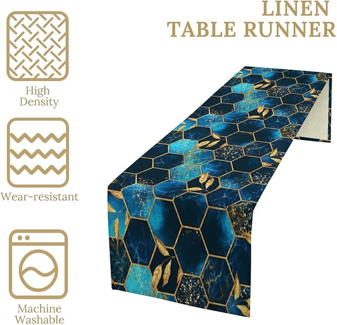 Sky Blue Honeycomb Table Runner Abstract Sea Blue Marble Hexagon Texture Golden Leaves Seasonal Dinner Runner Table Decoration for Farmhouse Home Kitchen Dining Holiday Party 13x60in