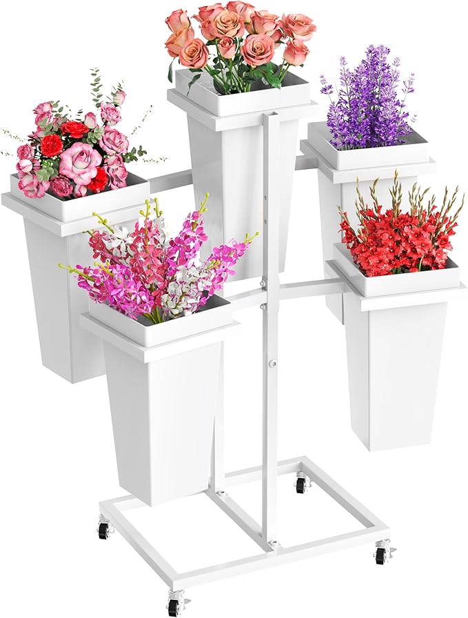 Asee'm Flower Display Stand with 5 Square Buckets Multi-tiered Metal White Flower Cart Stand with Wheels Moving Plant Stand Bar Shelf Flower Holder for Indoor Outdoor Patio Garden Florist Wedding