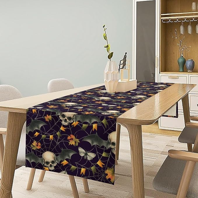 Gothic Table Runner,Vintage Moth Skull Bat Print Table Runner for Home Kitchen Table Dining Garden Farmhouse Wedding Party Decor 13x108 Inch