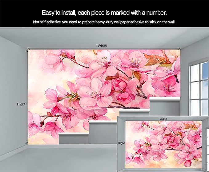 Watercolor Cherry Blossom Wall Mural, Japanese Cherry Blossom 3D Wall Murals, Simple Elegant Flowers Wallpaper Mural, for Living Room Bedroom Large Wallpaper Indoor Decor 137.8" W x100 H
