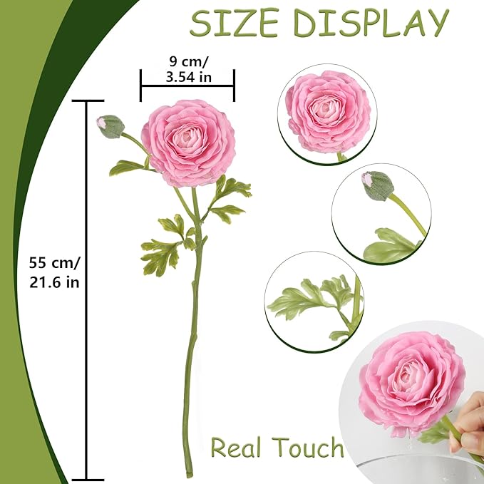 Faux Ranunculus 5PCS Real Touch Flowers Pink Peonies 21.6” Pink Ranunculus Long Stem Artificial Flowers for Tall Vase for Weddings Bridal Bouquet Baby Shower Decorations