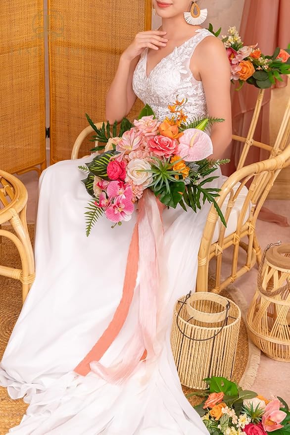 TINGE TIME 13 Inch Summer Wedding Bouquets for Bride, Bridal Bouquet for Bride, Artificial Silk Orchid for Graduation Bouquet, Fake Flowers for Wedding Ceremony and Anniversary (Tropical)
