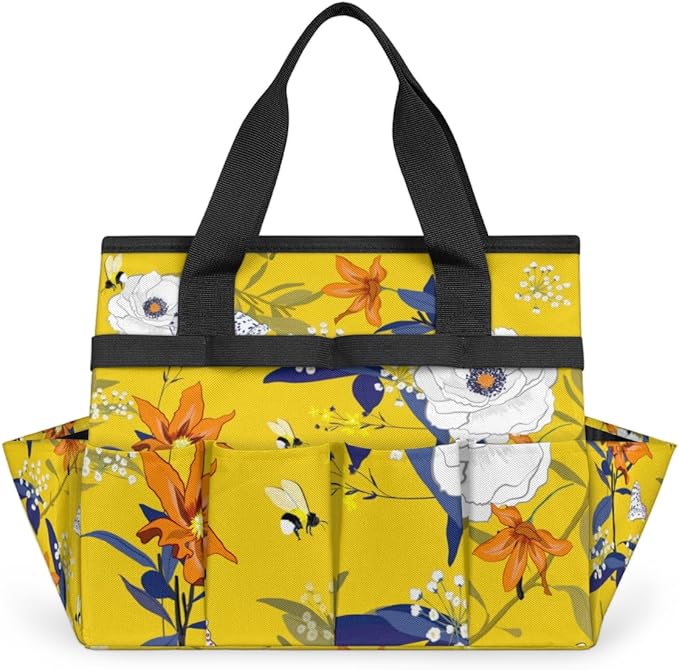 Flower Bee Butterfly Garden Tool Tote Bag for Women Men Gardening Tool Storage Bags with 10 Pockets Standable Garden Home Tool Kits Organizer for Indoor Outdoor Gardening Gifts