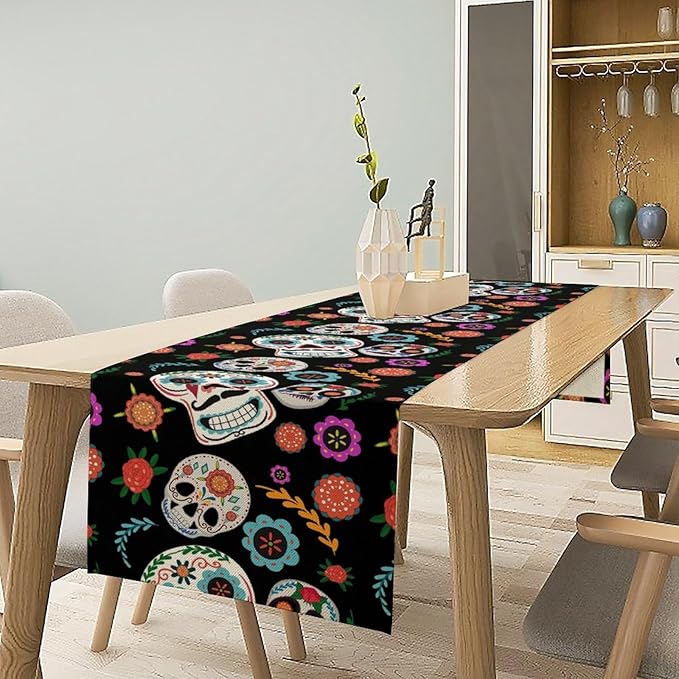 Gothic Skull Table Runner,Vintage Style Colourful Table Runner for Home Kitchen Table Dining Garden Farmhouse Wedding Party Decor 13x36 Inch