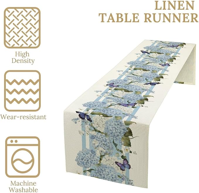 Blue Floral Table Runner, Spring Summer Watercolor Hydrangea Flower Butterfly Country Farmhouse Coffee Table Center Decor for Home Kitchen Dining Patio Holiday Party Table Decorations 13x72 inches
