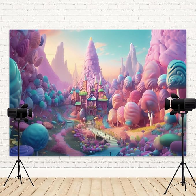 12x10ft Candyland Backdrop Fantasy Candy Castle Photography Background Sweet Lollipop Dream Blue Sky Cartoon Kids Birthday Banner Decorations Baby Shower Newborn Portrait Photo Booth Prop