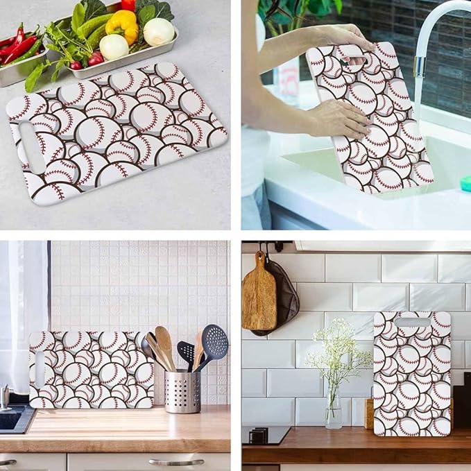 Baseball Balls Cutting Board with Handles Red White Ball Sports Cutting Boards Plastic Safe Chopping Board for Kitchen 16" x 10" x 0.24"