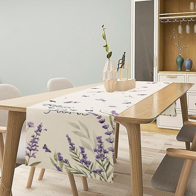 Purple Floral Table Runner, Spring Summer Watercolor Lavender Flower Country Farmhouse Coffee Coffee Table Center Decor for Home Kitchen Dining Patio Holiday Party Table Decorations 13x72 inches